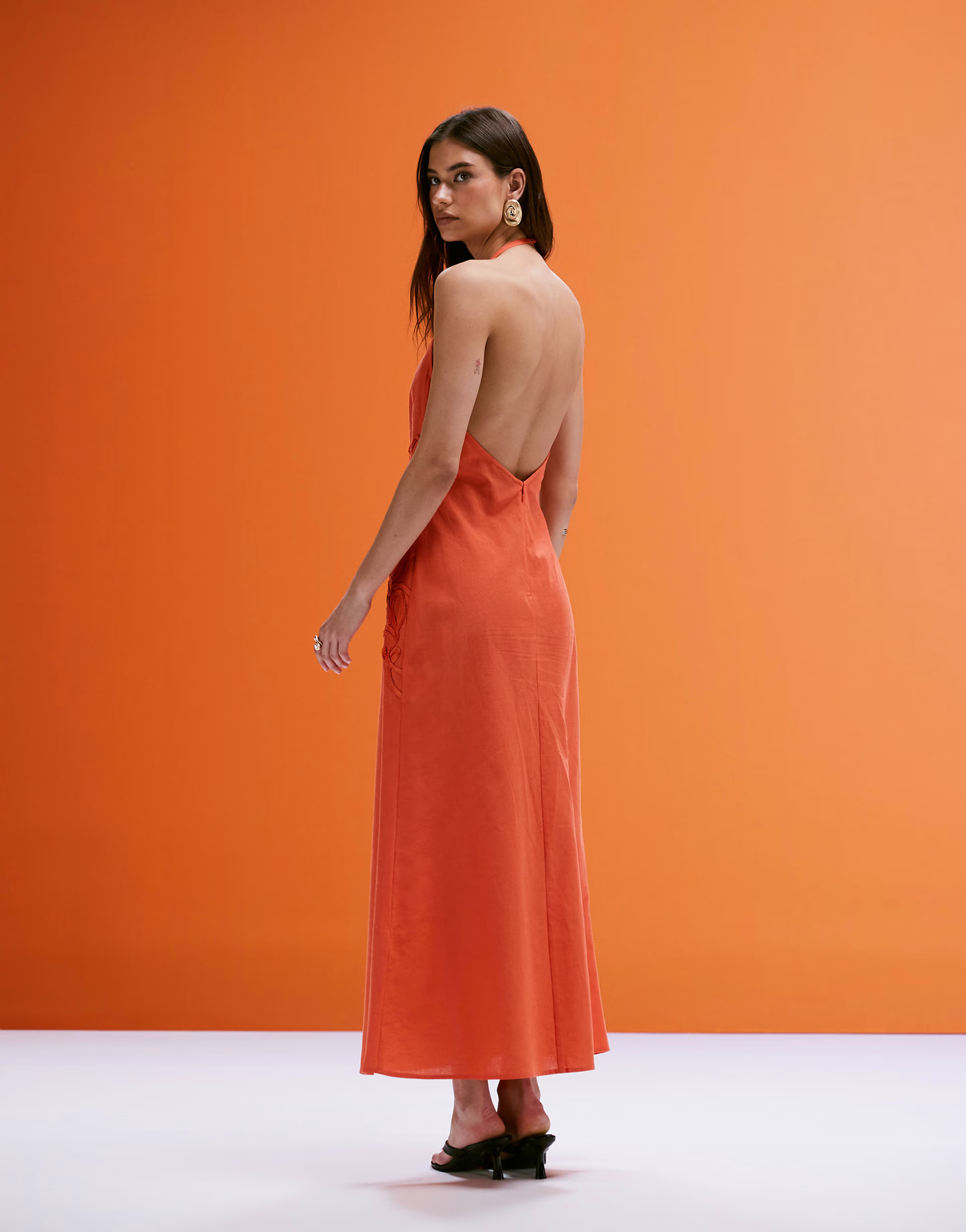 ASOS DESIGN low back halter midi dress with waist embroidery in orange | ASOS | ASOS (Global)