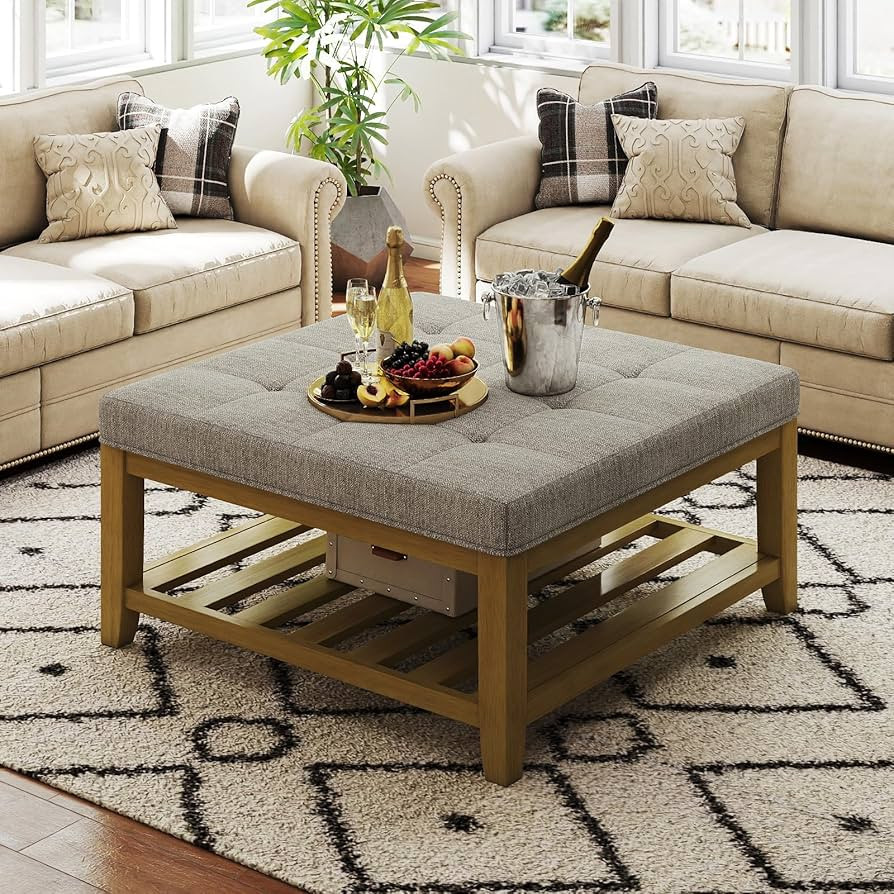 Befurtori Large Square Ottoman Coffee Table, Linen Solid Upholstered Footrest Ottoman with Solid ... | Amazon (US)