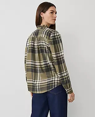 Plaid Ruffle Neck Flannel Shirt | Ann Taylor (US)