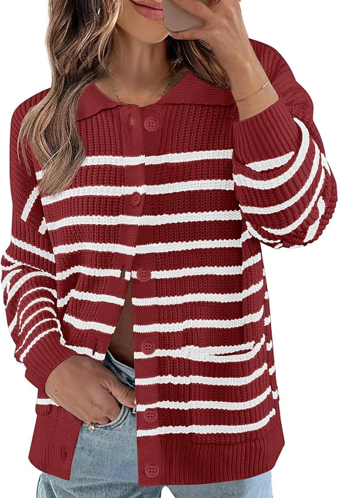 MEROKEETY Women's Striped Cardigan Sweaters 2024 Long Sleeve Open Front Button Knit Jackets with ... | Amazon (US)