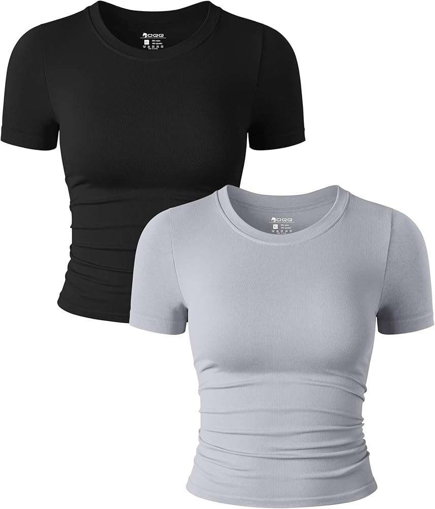 OQQ Womens 2 Piece Shirts Short Sleeve Crew Neck Ruched Stretch Fitted Tee Shirts Crop Tops | Amazon (US)