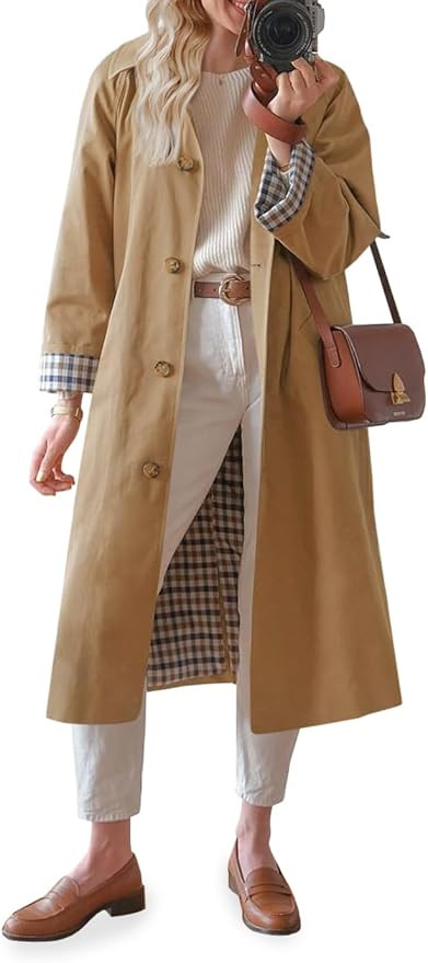 Tankaneo Womens Long Trench Coat Single Breasted Oversized Windproof Overcoat Fashion Outerwear | Amazon (US)