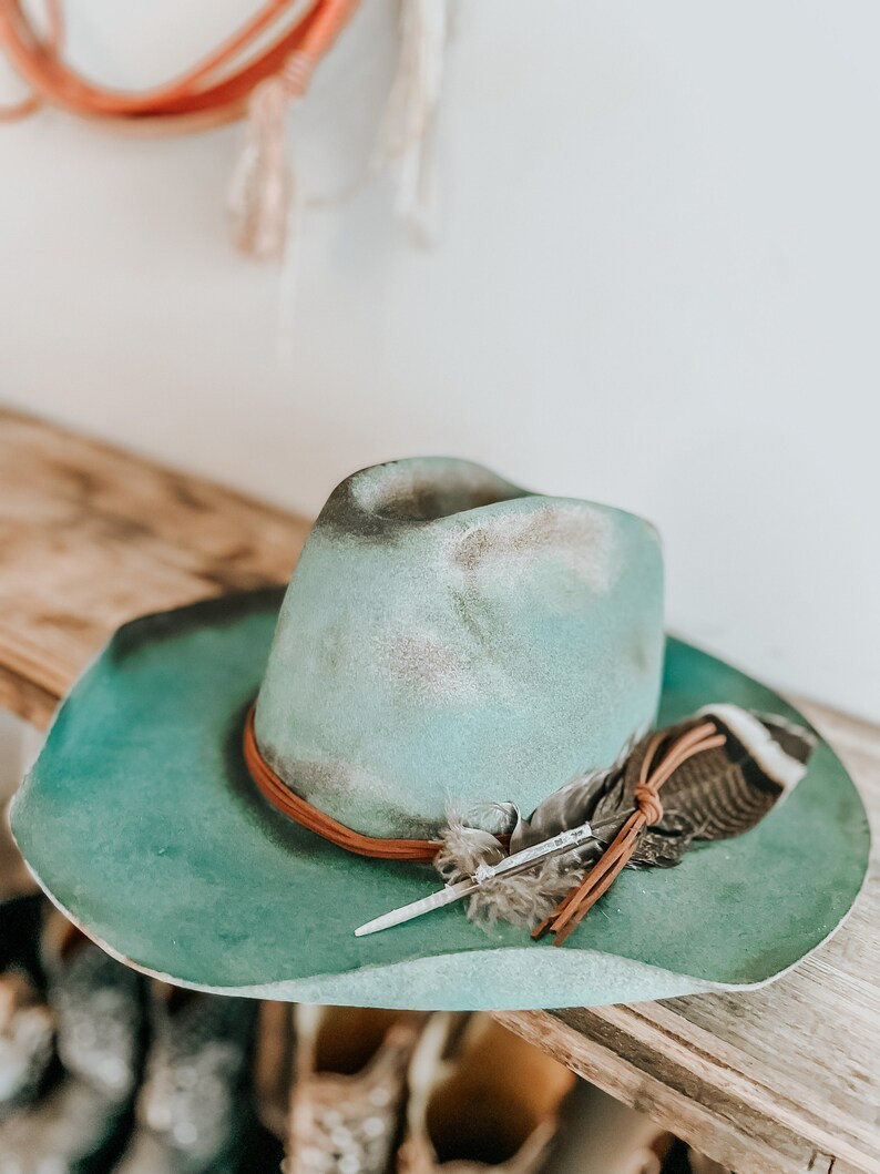 Turquoise Outlaw Burned Hat | Burned Western Hat | Cowboy Hat | Distressed Hats | Feathered Cowbo... | Etsy (US)