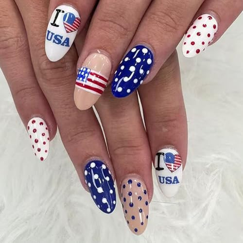 4th of July Polka Dots Press on Nails Almond Medium Fake Nails with American Flag Heart Designs Fourth of July Nails Press ons White Blue False Nails Independence Day Stick on Nails for Women 24Pcs | Amazon (US)
