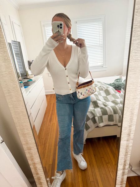 Casual Sunday outfit of the day, white cardigan rented from FASHIONPASS — use code HELLOEMILYERIN for $$$ off linked a similar option paired with Kut from the Kloth raw hem denim with white Nike sneakers 👟 

#LTKshoecrush #LTKstyletip