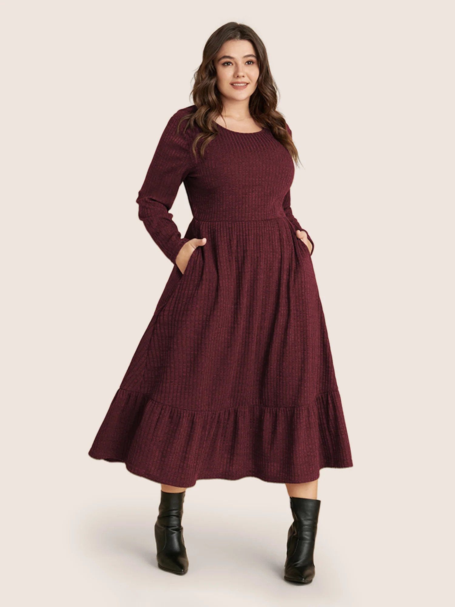 Solid Pocket Rib Knit Ruffle Hem Dress Without Belt | Bloomchic