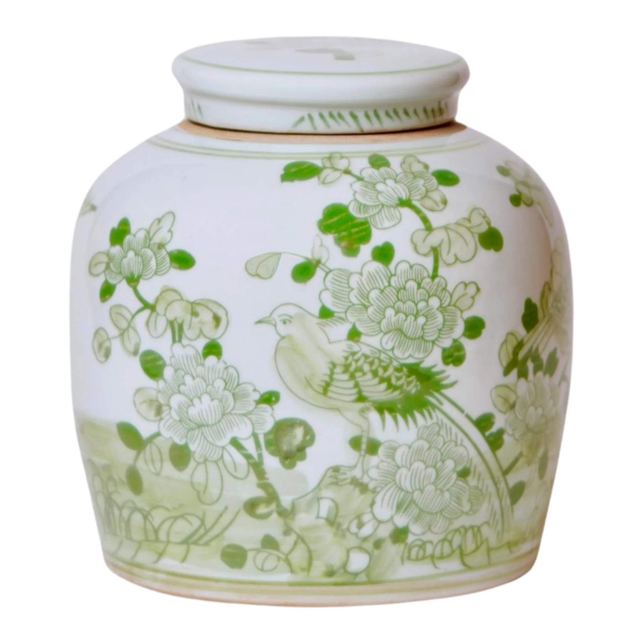 Green and White Lidded Porcelain Jar With Floral Bird Motif | The Well Appointed House, LLC