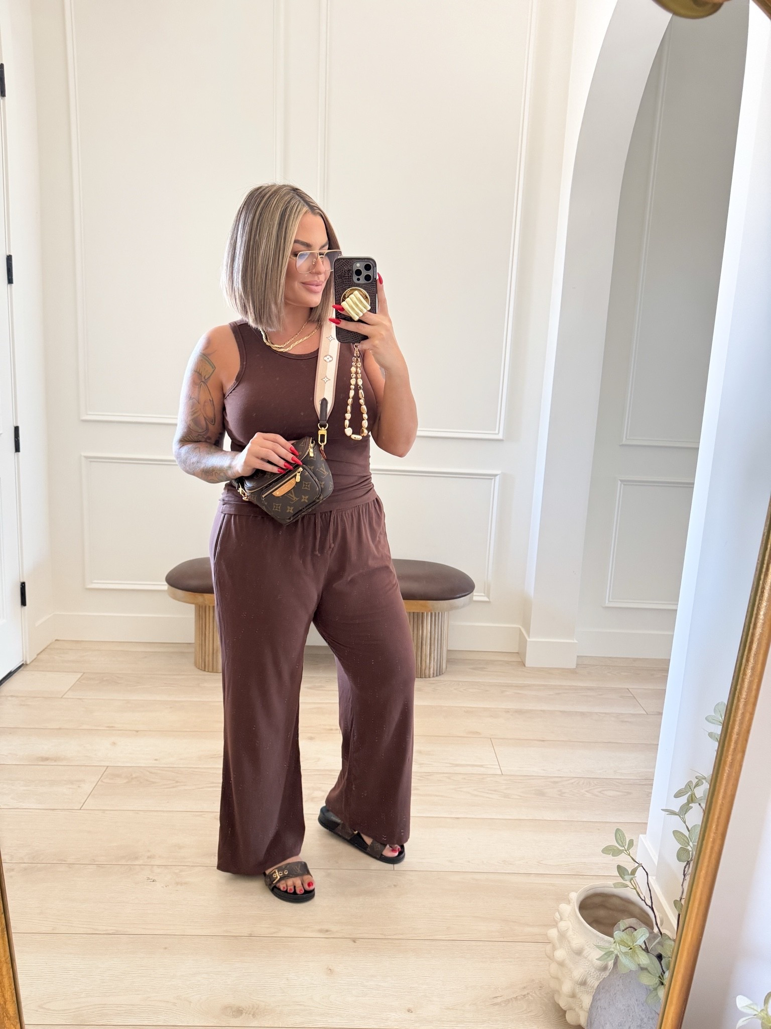 I have this set in several colors it’s insane quality and comes in lengths. I do the xl long. 

Mini bum bag from LV can’t link here. I had to buy the strap seperate. Sandals I also can’t link sorry.