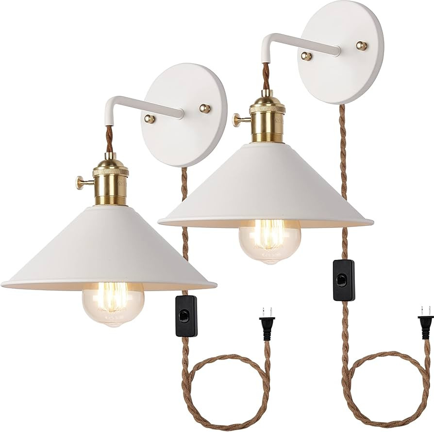 White Plug in Wall Sconces Set of Two,Wall lamp with Plug in Cord of 2 for Bedroom Hanging Wall L... | Amazon (US)