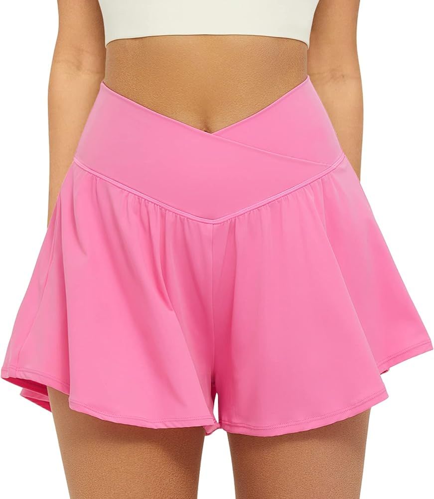 FireSwan Crossover Athletic Shorts for Women 2 in 1 Flowy Running Shorts with Pockets Spandex Butter | Amazon (US)