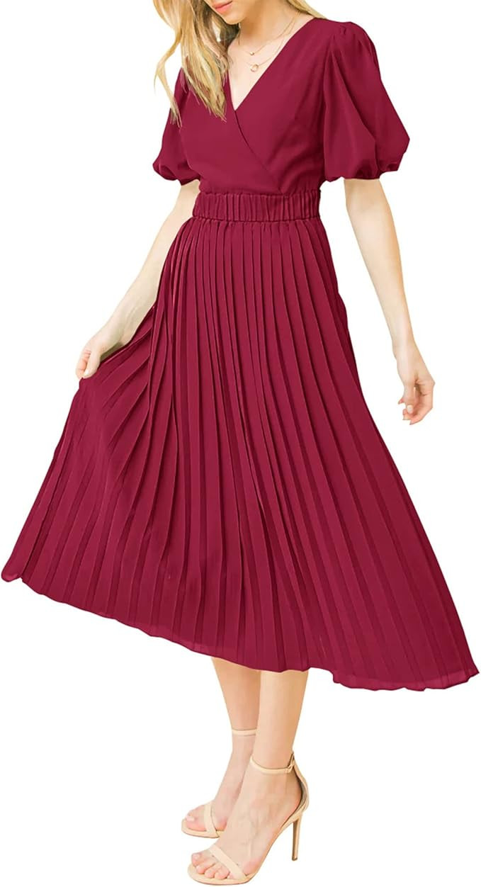 BTFBM Women Casual Dresses 2023 Summer Boho Wrap V Neck Puff Short Sleeve Beach Party Flowy Pleat... | Amazon (US)