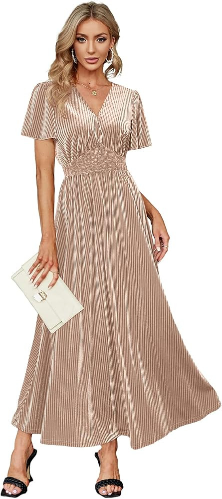 Simplee Women’s V Neck Velvet Maxi Dress Short Sleeve Empire Waist Long Formal Dress for Weddin... | Amazon (US)