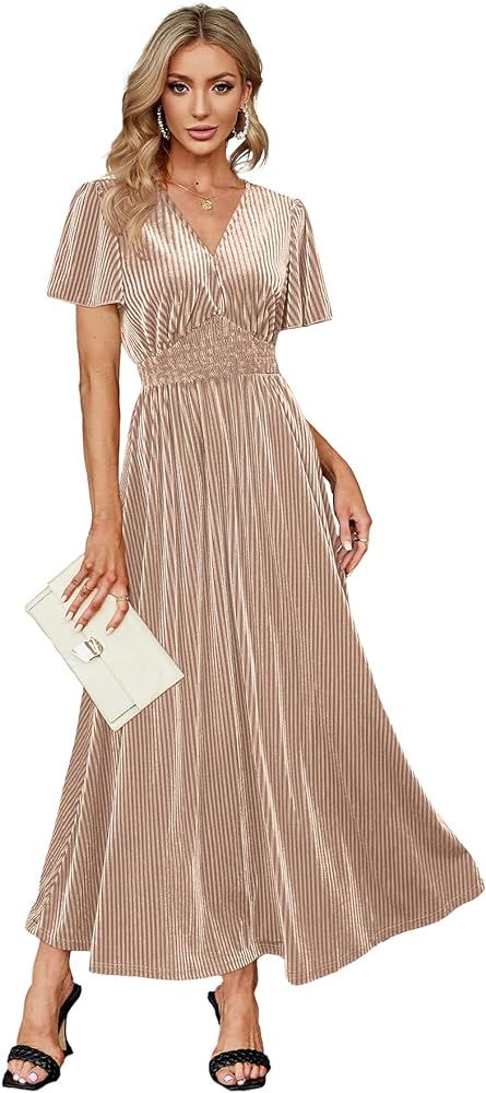 Simplee Women Boho Floral Maxi Dress Flowy Casual V Neck Short Sleeve Wedding Guest Holiday Beach... | Amazon (US)