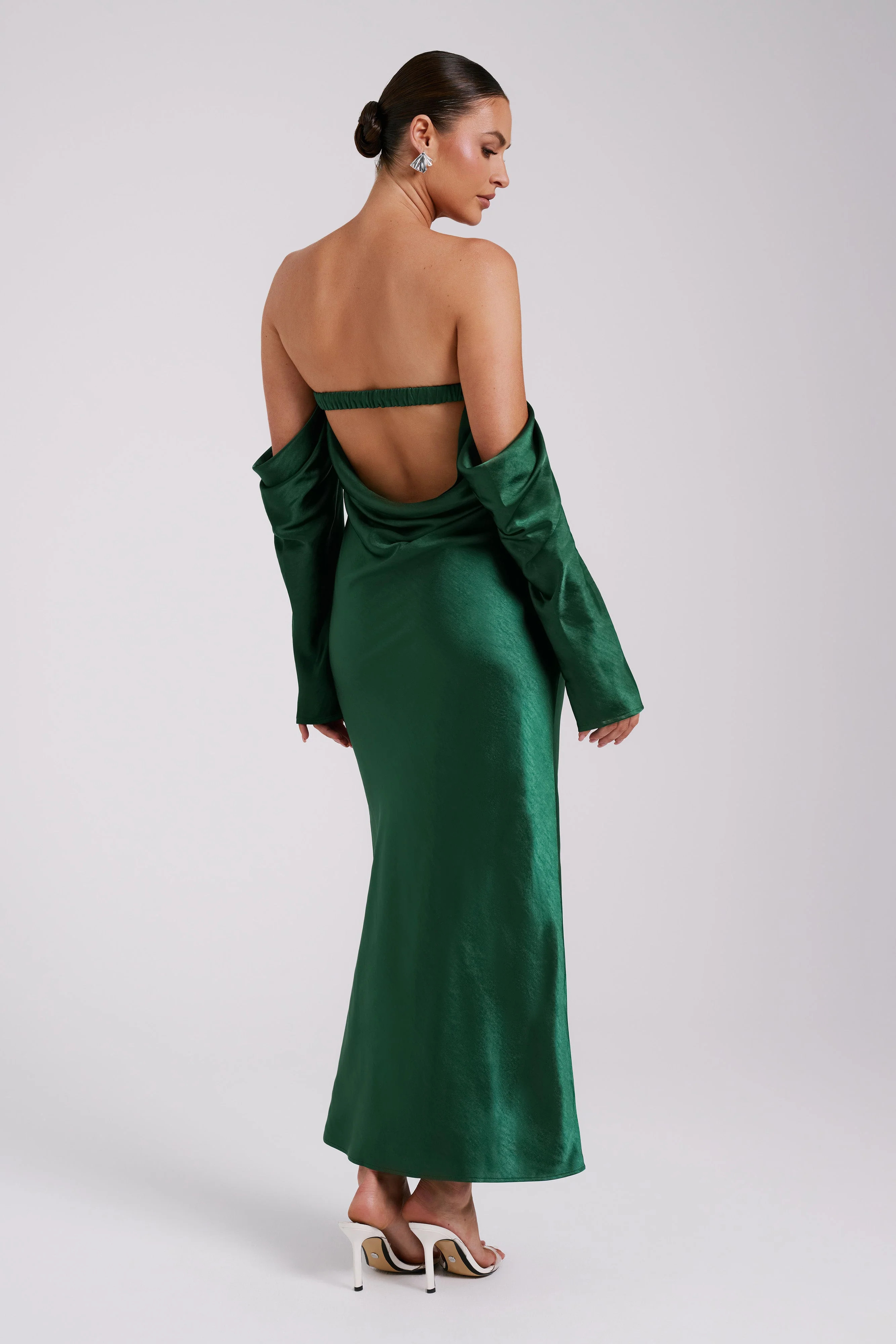 Vee Off Shoulder Satin Midi Dress - Emerald | MESHKI US
