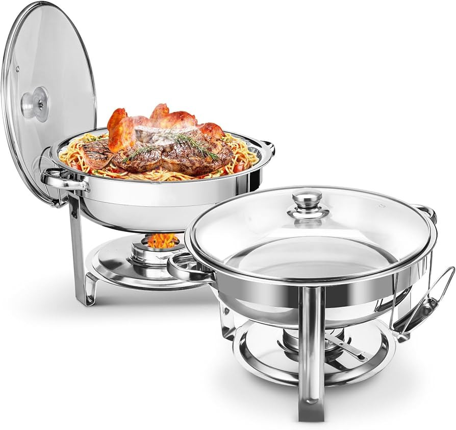 Chafing Dish Buffet Set 2 Pack, 5QT Round Chafing Dishes for Buffet with Glass Lid & Lid Holder, ... | Amazon (US)