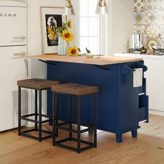 Blue Rubber Wood 50.3 in. W Kitchen Island with Drop-Leaf, 2 Dining Stools, 4-Drawer, 2-Door Cabinet and Towel Holder | The Home Depot