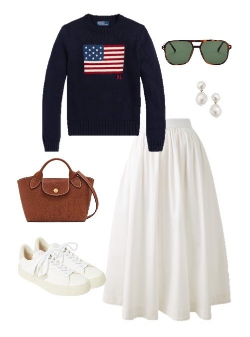 White maxi skirt outfit 
American flag sweater outfit 
Summer outfit 
Preppy outfit 
Patriotic outfit 
Fourth of July outfit 
Labor Day outfit 
White sneakers 
Pearl earrings 
Amazon aviator sunglasses

#LTKSaleAlert #LTKSeasonal