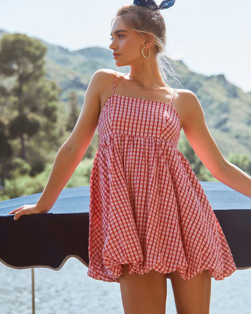 Dakota Textured Checkered Pocketed Bubble Hem Mini Dress - Red - LAST CHANCE | VICI