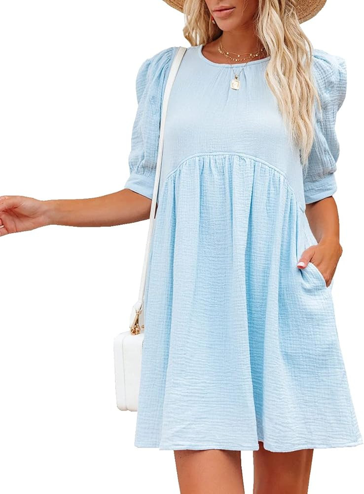 R.Vivimos Summer Dress for Women Cotton Puff Sleeves Boho Casual Loose Babydoll Mini Dress with P... | Amazon (US)