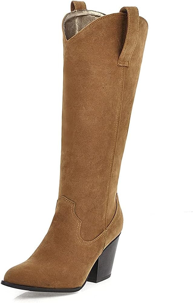 Womens Western Cowgirl Mid Calf Boots Square-Toe Chunky Heel Pull On Cowboy Knee High Boots Winte... | Amazon (US)