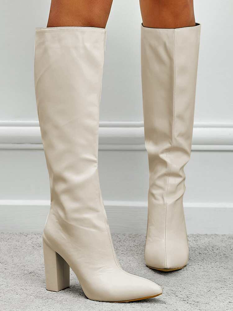 Women Slip On Slouchy Boots Chunky Heeled Elegant Fashion Boots Beige | SHEIN