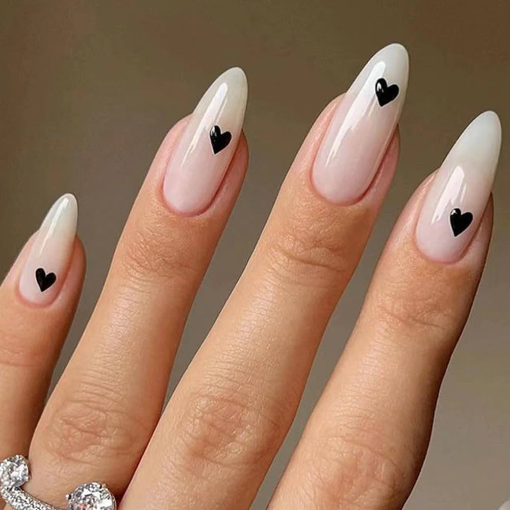 Milky White Press on Nails Almond Medium Long on Nails Fake Nails with Black Hearts Design Manicu... | Amazon (US)