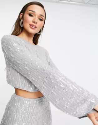 ASOS EDITION sequin & crystal fringe top in gray | ASOS (Global)