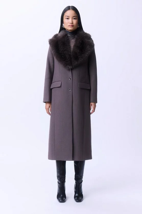 Wool Blend Fur Trim Collar Tailored Midi Coat | Karen Millen US