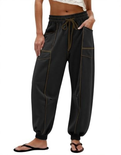 Burtell Barrel Sweatpants Women Baggy Drawstring High Waisted Lounge Pants Color Block Jogger Pant Athletic Pant with Pockets Black | Amazon (US)
