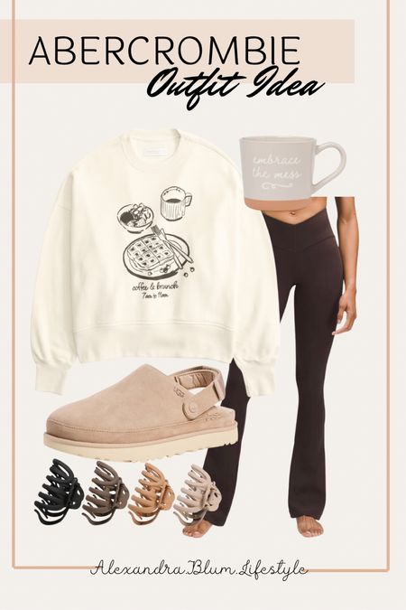 Casual lounge wear outfit idea! Cute graphic crew neck sweatshirt, brown flare leggings, clogs, and claw hair clips! 

#LTKFindsUnder50 #LTKFindsUnder100 #LTKStyleTip