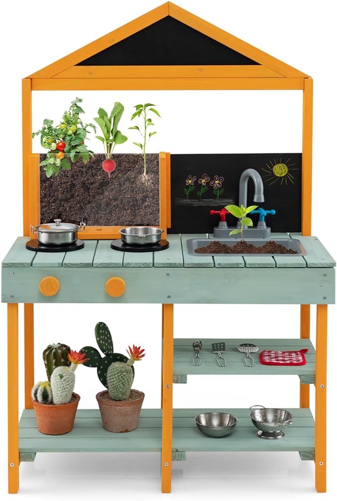 Costzon Mud Kitchen, Wooden Kids Kitchen Playset with See-Through Planter Box, Blackboard, Stoves... | Amazon (US)
