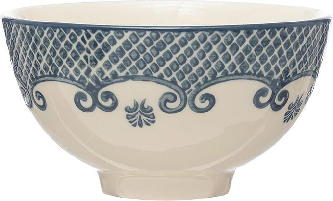 Creative Co-Op Hand Stamped Stoneware Bowl with Pattern, Set of 4 Serveware, 5"L x 5"W x 3"H, Blu... | Amazon (US)