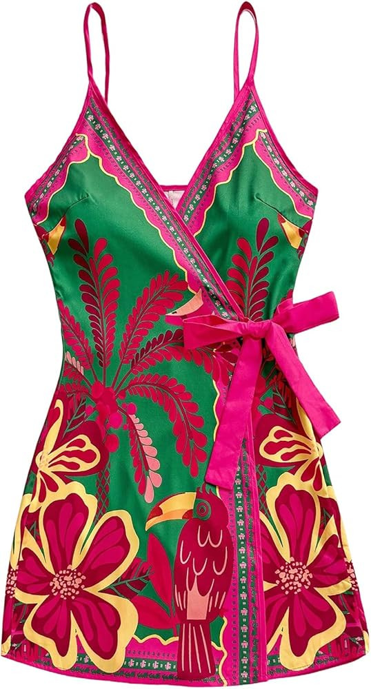 SOLY HUX Women's Tropical Print Mini Dress Summer Wrap V Neck Bow Tie Vacation Dresses | Amazon (US)