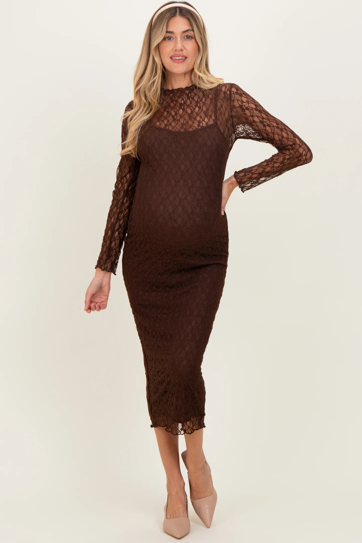 Brown Lace Overlay Fitted Maternity Midi Dress | PinkBlush Maternity