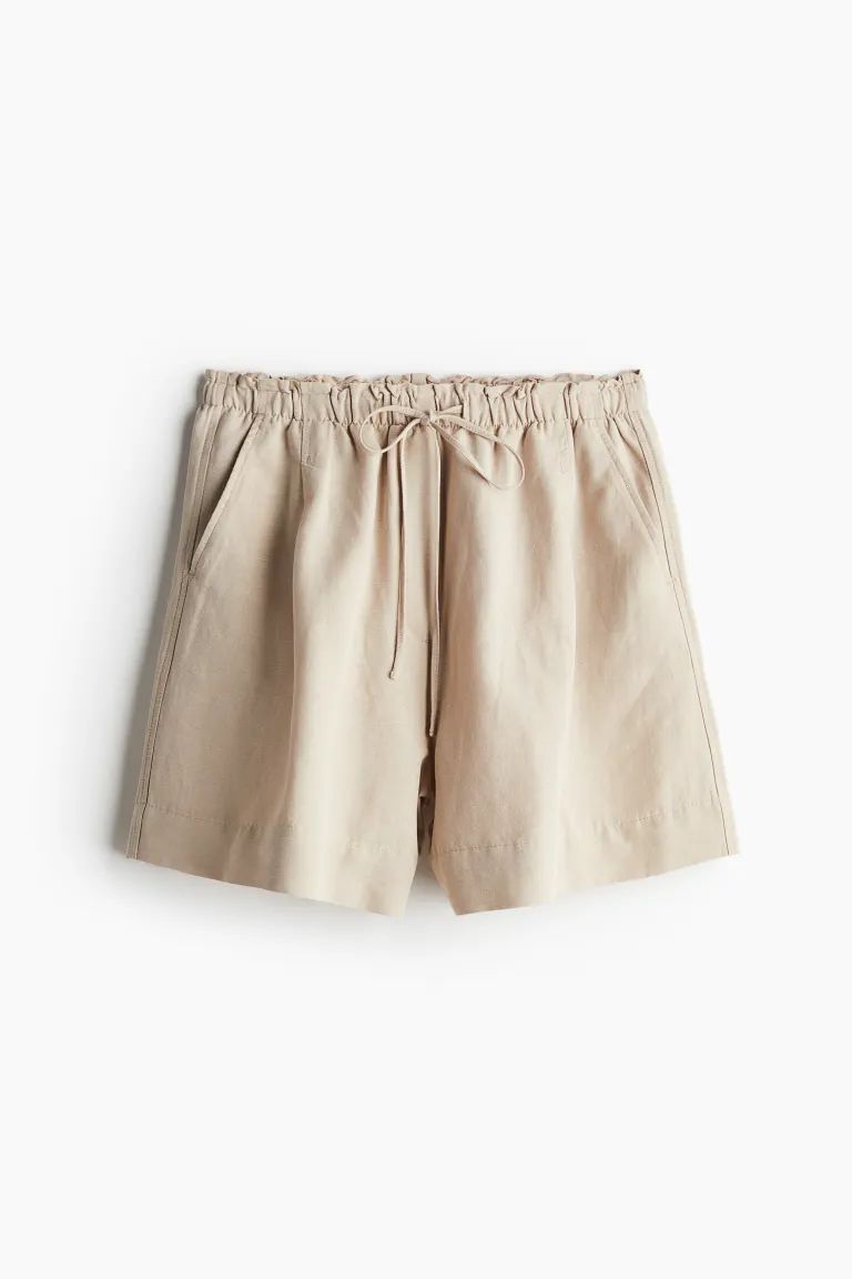 Linen-blend Pull-on Shorts - High waist - Short - Beige - Ladies | H&M US | H&M (US + CA)