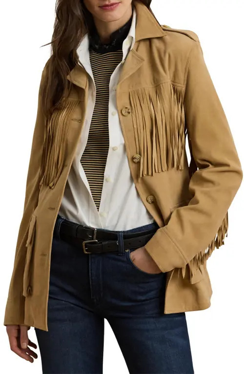 Lauren Ralph Lauren Fringe Trim Suede Jacket in Birch Tan at Nordstrom, Size 0 | Nordstrom
