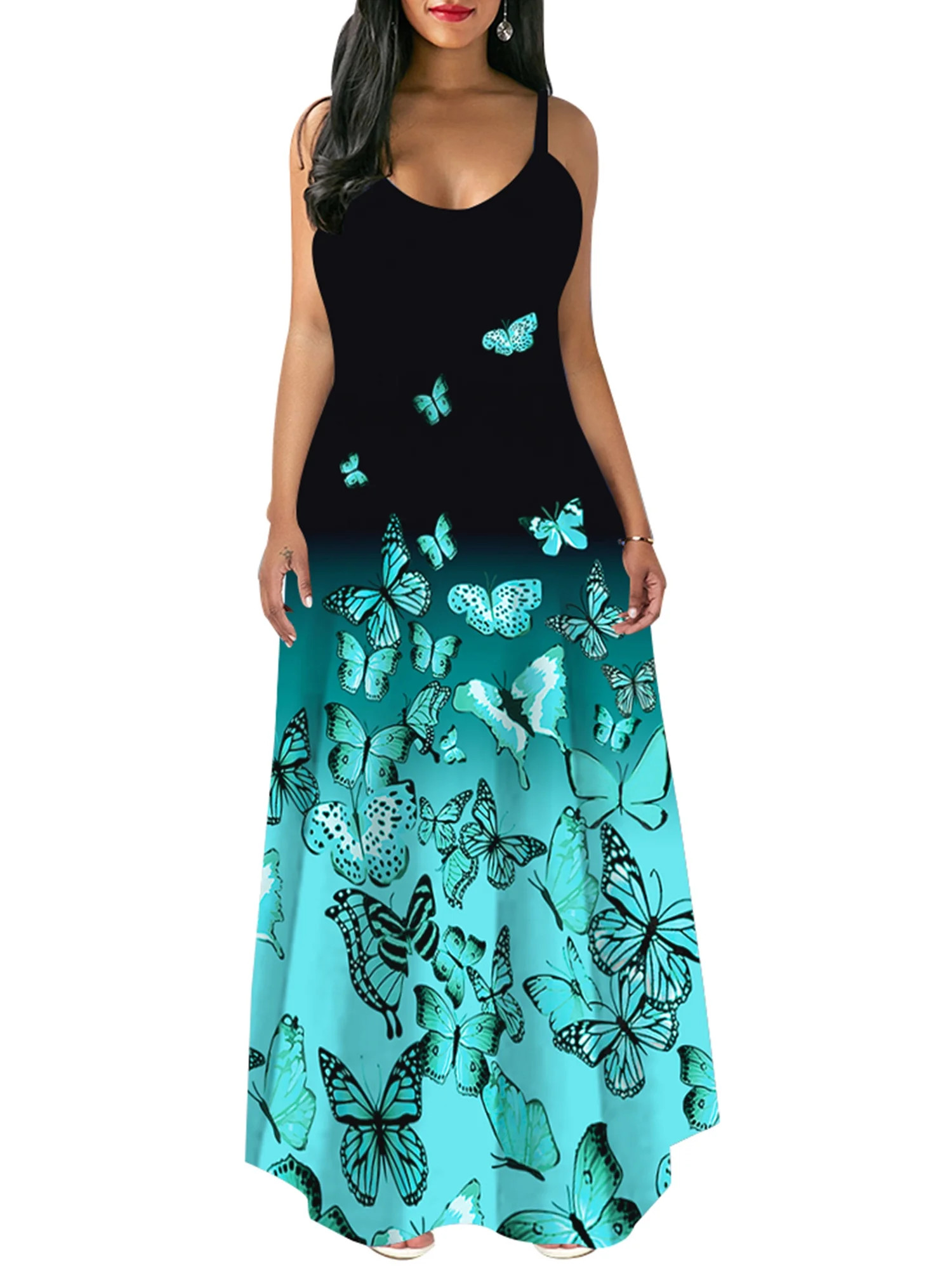 LilyLLL Womens Sleeveless Butterfly Printed Long Maxi Dress Summer Beach Sundress - Walmart.com | Walmart (US)