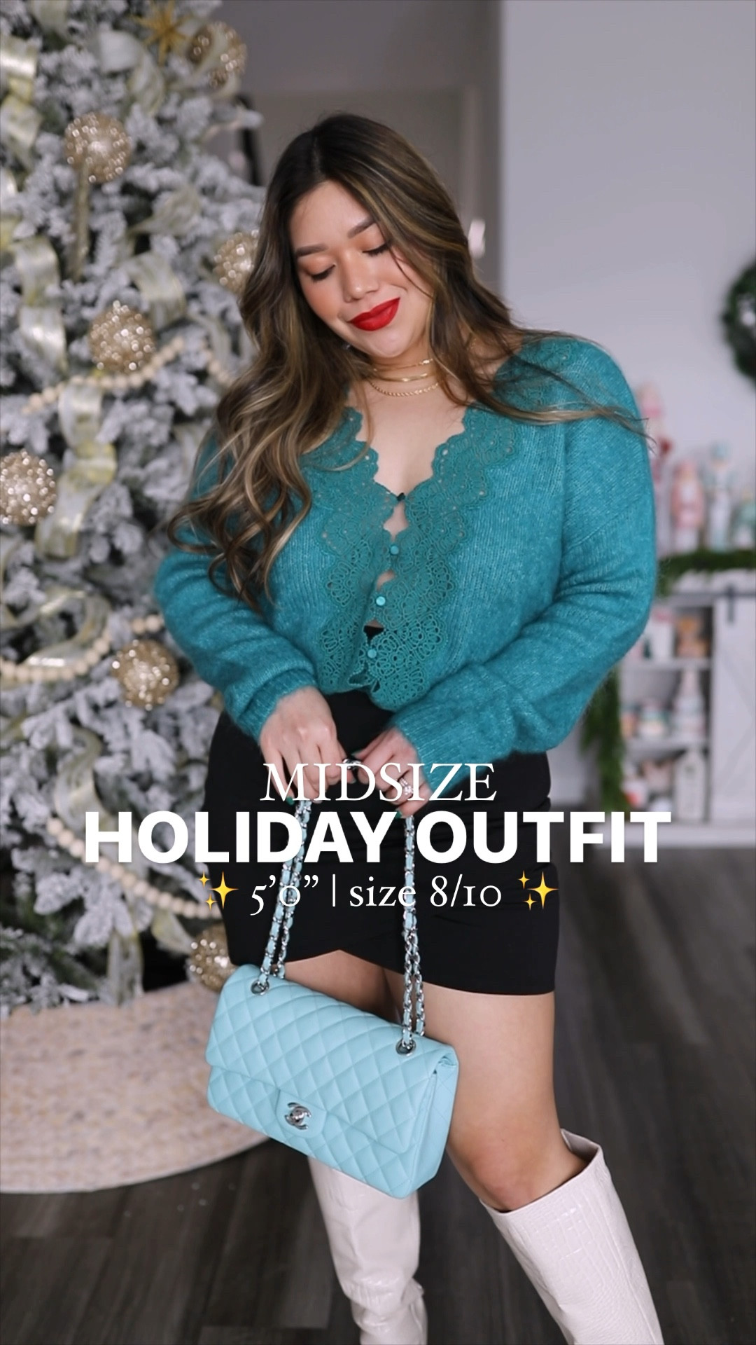 Winter Green Astride Jumper - wearing medium
Calvi Skirt - wearing large
Madewell Gold Buckle Belt - wearing medium
Amazon Shapewear Bodysuit - wearing small/medium thong
Cakes silicone nipple covers - wearing OG honey
White tall boots - fits TTS

Sezane, holiday outfit inspo, Christmas outfit inspo, new year’s outfit, Christmas sweater, new year’s eve outfit, holiday party outfit, midsize outfit, knitted mini skirt, amazon shapewear bodysuit, size 8 outfit, size 10 outfit, midsize inspo, lace sweater, white knee high boots, Tiffany blue Chanel 

I’m a total sucker for intricate lace details 😍✨ LOVE this versatile green sweater from @sezane ✨ I’m actually wearing the back part of the sweater as the front because it totally deserves a moment for itself 💫 

#LTKHoliday #LTKmidsize #LTKSeasonal