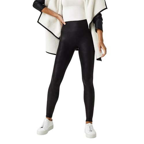 SPANX Faux Leather Fleece-Lined Leggings - Tummy Control Legging - Contoured Power Waistband Stomach Compression - High Waist - Black - XL | Amazon (US)