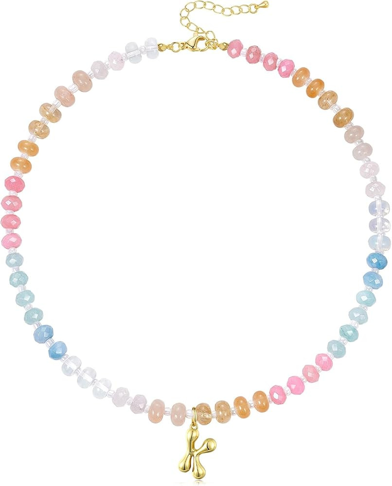 KissYan Initial Necklaces for Women, Colorful Beaded Gemstone Choker 14K Gold Bubble Letter Penda... | Amazon (US)