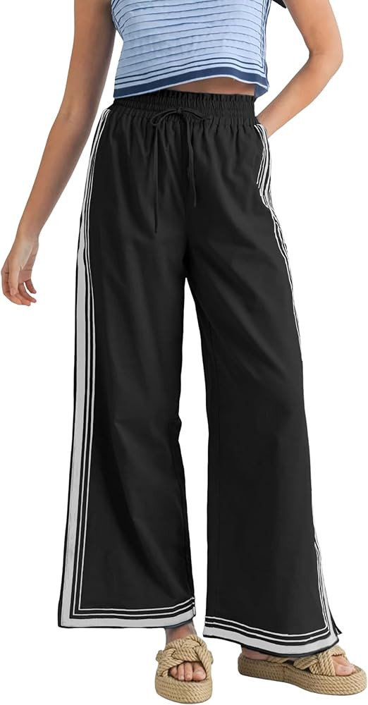 Womens Casual Wide Leg Side Striped Pant Drawstring Elastic Waist Lounge Palazzo Pants with Pocke... | Amazon (US)
