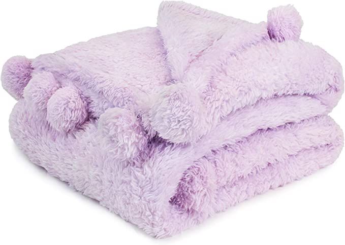 PAVILIA Light Purple Sherpa Throw Blanket for Couch, Pom Pom | Fluffy Plush Soft Blanket for Sofa... | Amazon (US)