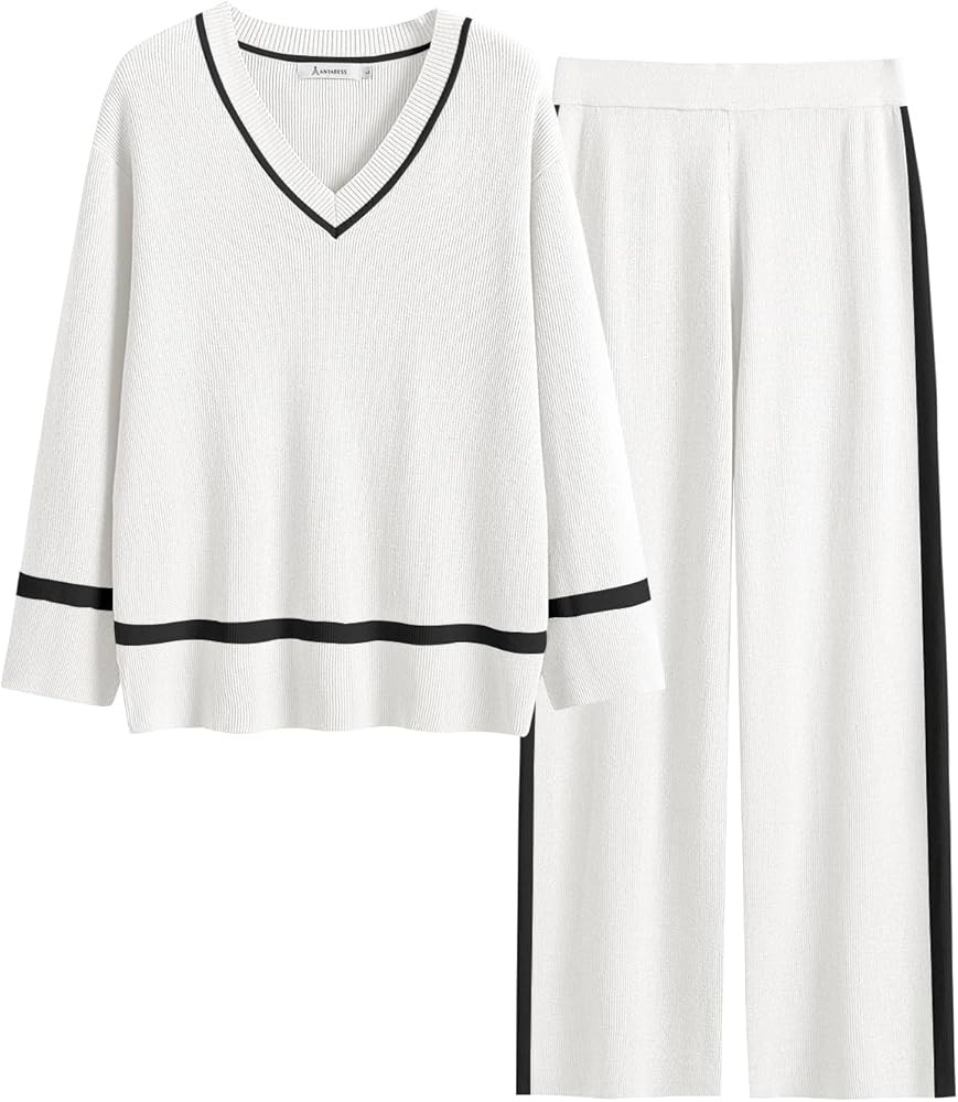 ANRABESS Women's 2 Piece Outfits Long Sleeve V Neck Knit Sweater Top and Wide Leg Pants Lounge Se... | Amazon (US)