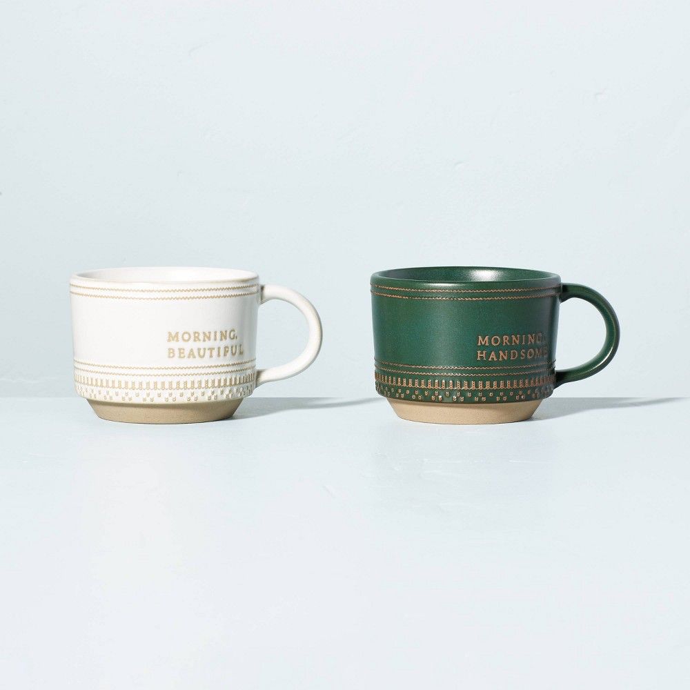 15oz Stoneware Morning Handsome & Morning Beautiful Decorative Trim Mug 2pk Set - Hearth & Hand with | Target