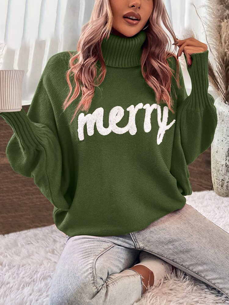 Letter Pattern Turtleneck Dolman Sleeve Sweater | SHEIN