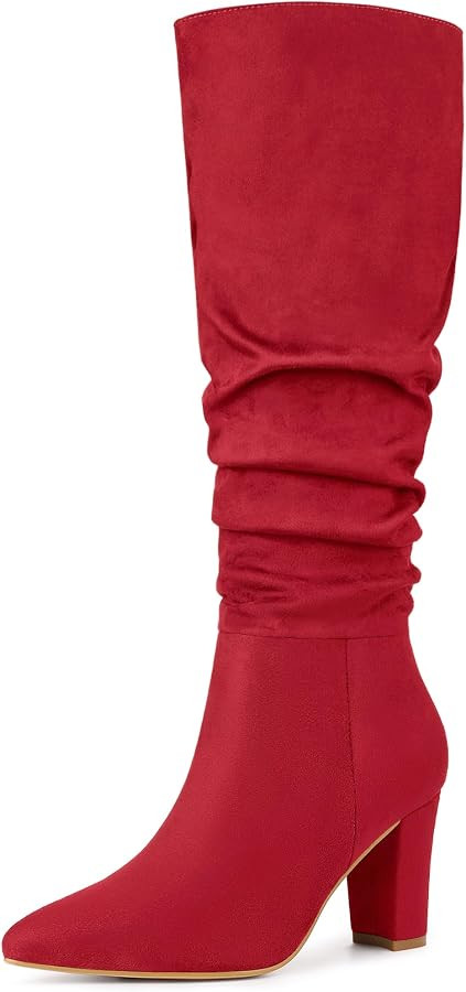 Allegra K Women's Slouch Pointed Toe Chunky Heel Knee High Boots | Amazon (US)