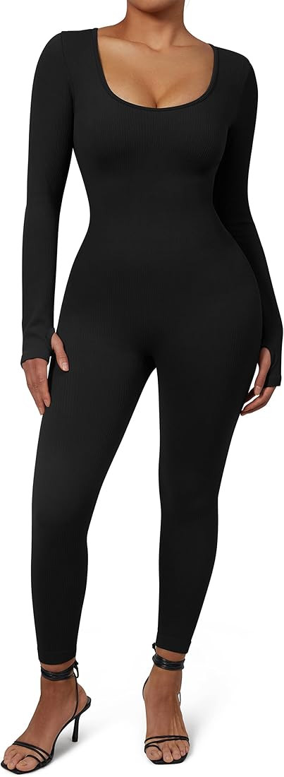 MOOSLOVER Women Ribbed One Piece Jumpsuits Square Neck Long Sleeve Workout Yoga Jumpsuits | Amazon (US)