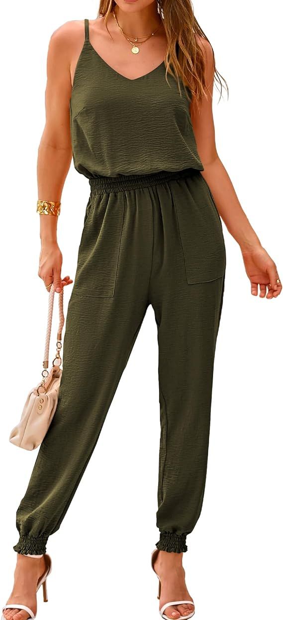 BTFBM Jumpsuits For Women Summer Casual Sleeveless Spaghetti Strap Long Pants Rompers Elastic Wai... | Amazon (US)