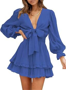 Dokotoo Womens 2023 Summer Deep V Neck Knotted Tiered Chiffon Elegant Mini Short Swing Skater Dre... | Amazon (US)