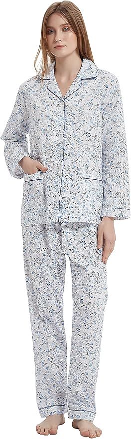 GLOBAL Juego de pijama para mujer, 100 % algodón, 2 piezas de ropa de dormir con cordón ajustab... | Amazon (US)
